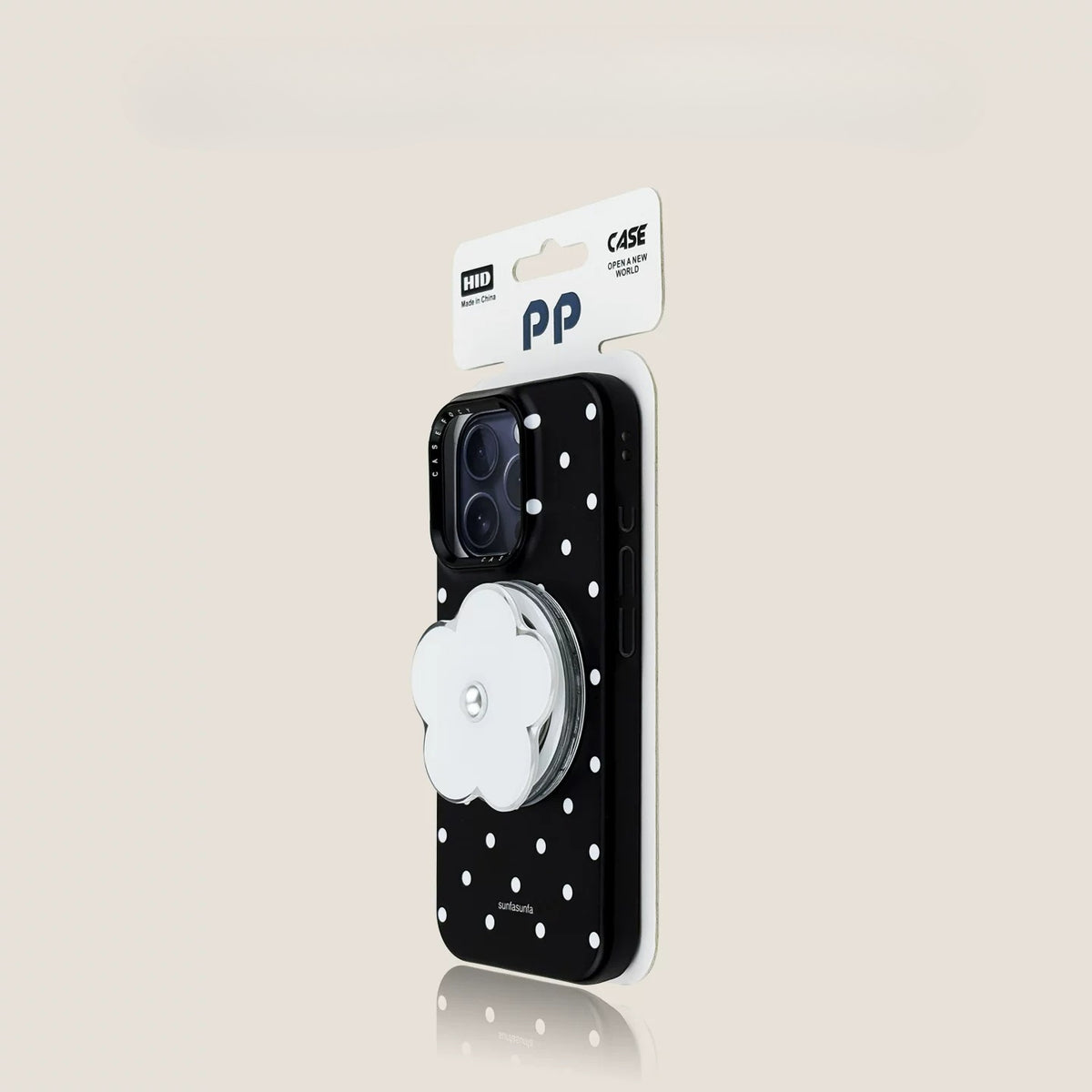 Casekai black background full screen white polka dot pearl flower bracket